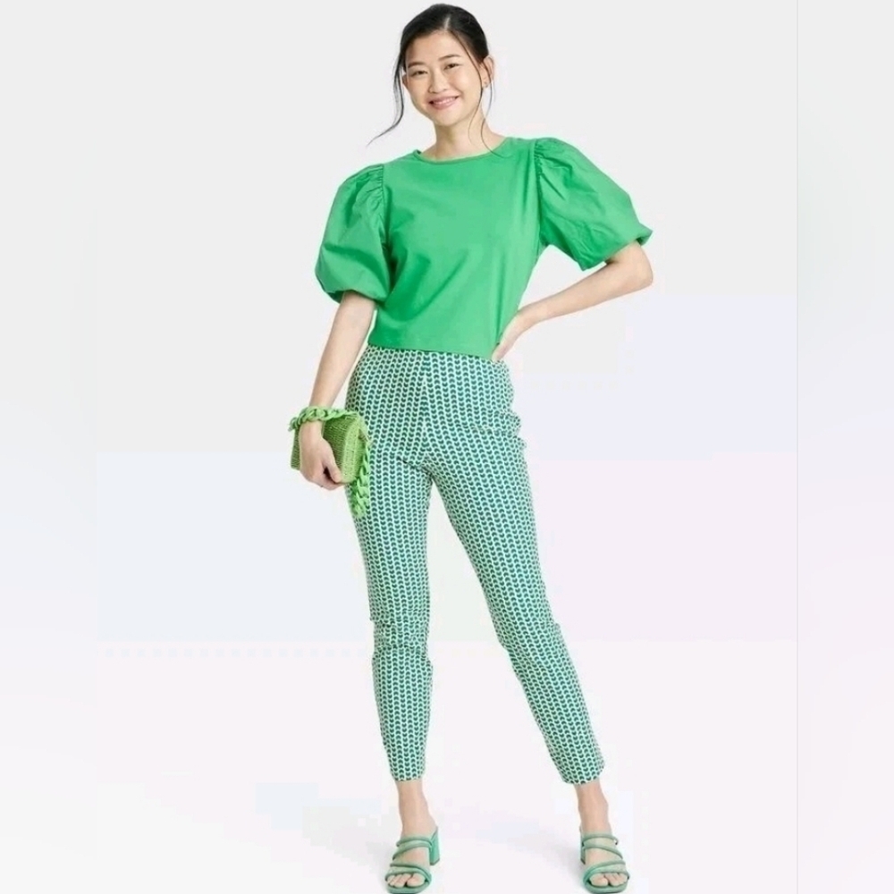 A New Day Green White High Rise Fitted Hip & Thigh Skinny Ankle Pants NWT Size6R